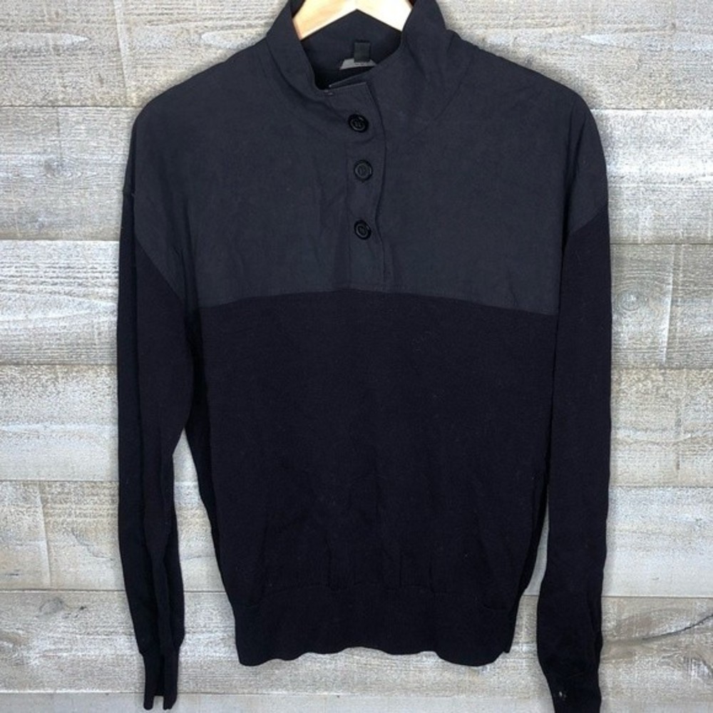 COS medium navy colorblock button up quarter button long sleeve sweater